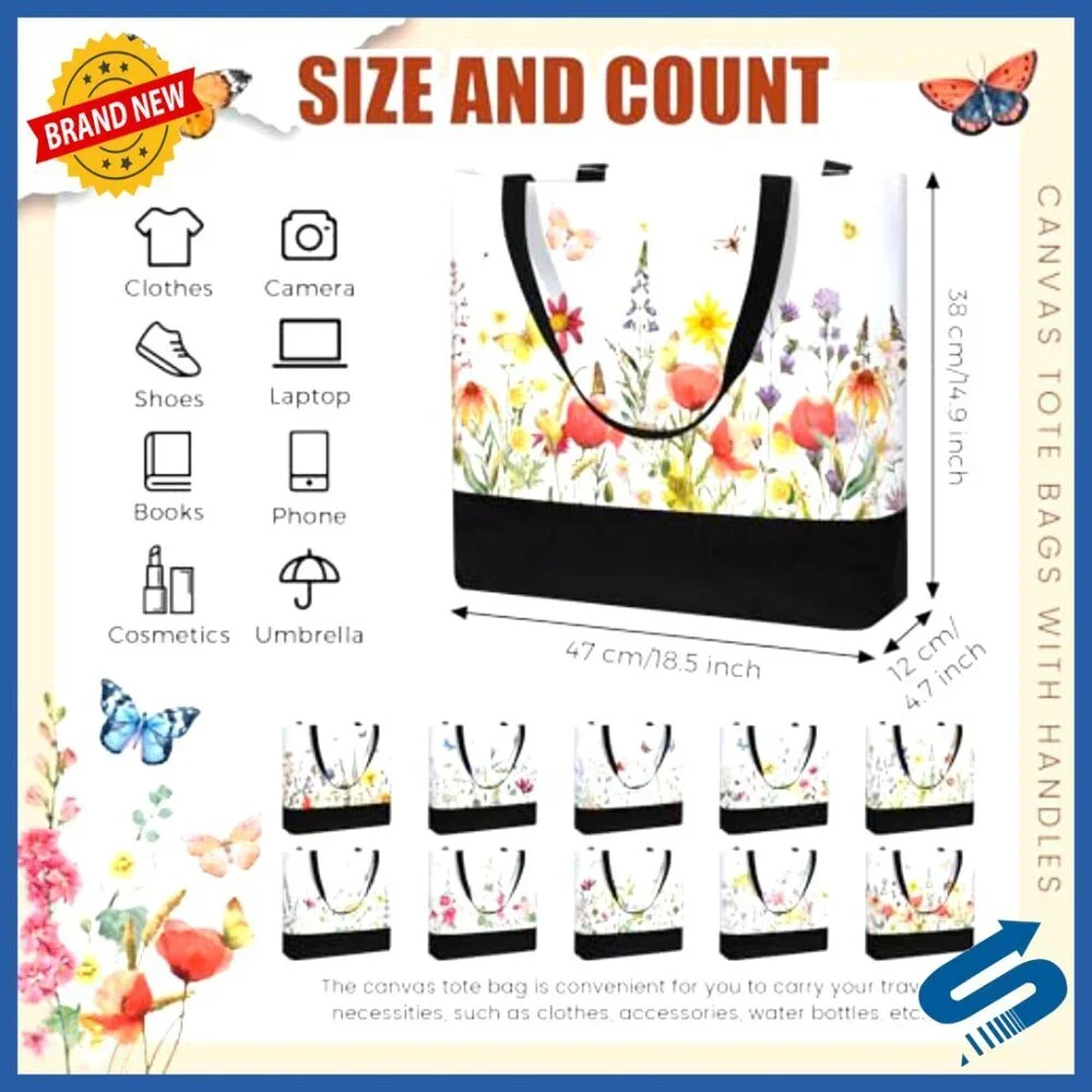 Floral Canvas Tote Bag Large Reusable Grocery Book Lovers Gift Boho Chic